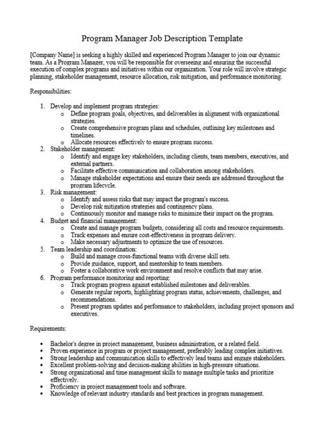 Image result for Program Manager Job Description Sample