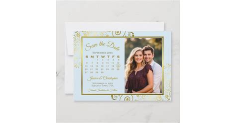 Elegant Powder Blue & Gold Calendar Photo Wedding Save The Date | Zazzle