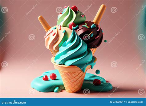 Melting Ice Cream Cone with Sweet Toppings on Minimal Studio Background ...