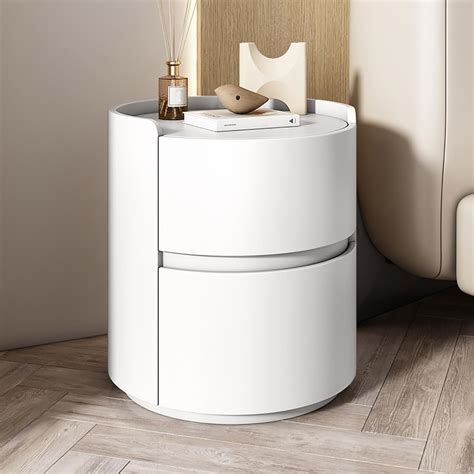 Solid Wood Bedside Table with Storage Drawers - Modern Minimalist Round ...