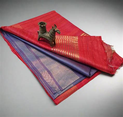 Red Korean tussar ghicha pallu saree with staple body and Zari border ...