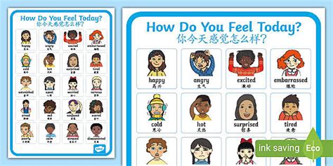 How Do You Feel Today? Emotions Chart - English/Mandarin Chinese