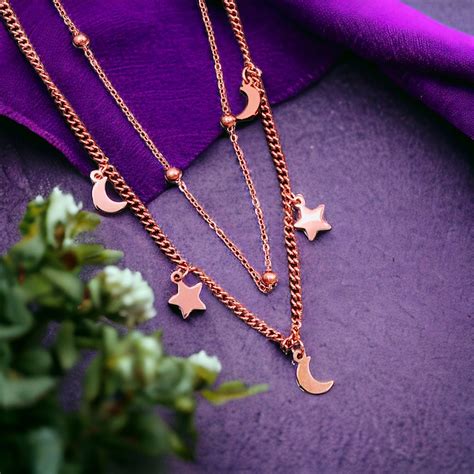 Star Moon 18K Rose Gold Anti Tarnish Stainless Steel Necklace Layer Ch ...