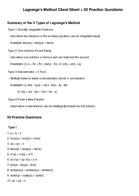 Lagrange's Method Cheat Sheet & 50 Practice Questions - Studocu
