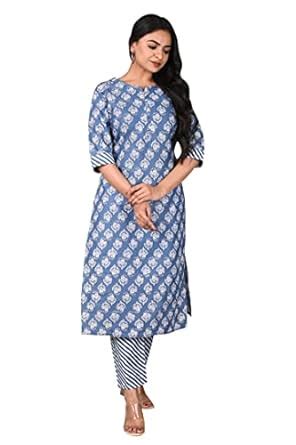 Buy ANNI DESIGNER Women's Cotton Blend Straight Printed Kurta with Pant ...
