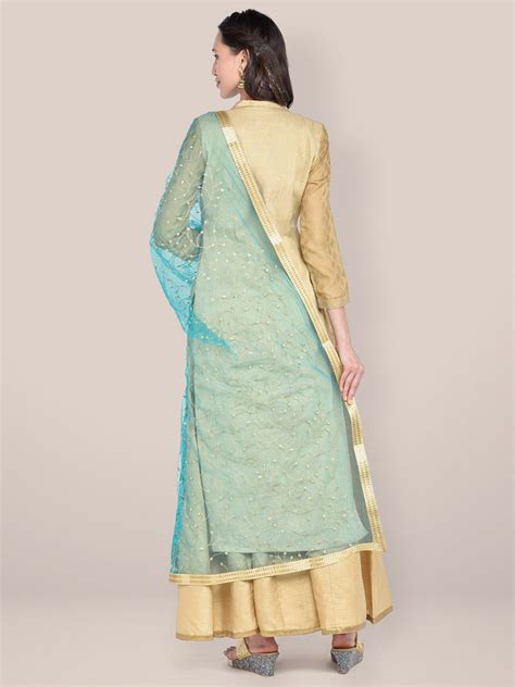 Rama Green & Gold Embroidered Net Dupatta Dupatta Bazaar