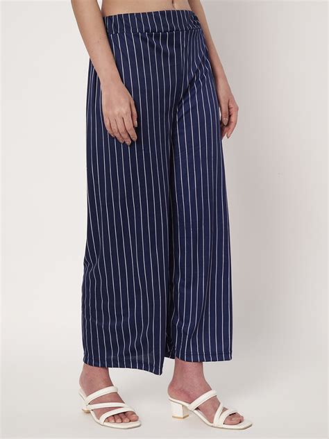 Women Loose Fit Blue Polyester Trousers - Fashoraa