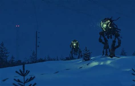 Download wallpaper snow, night, traces, fiction, tree, post, robots ...