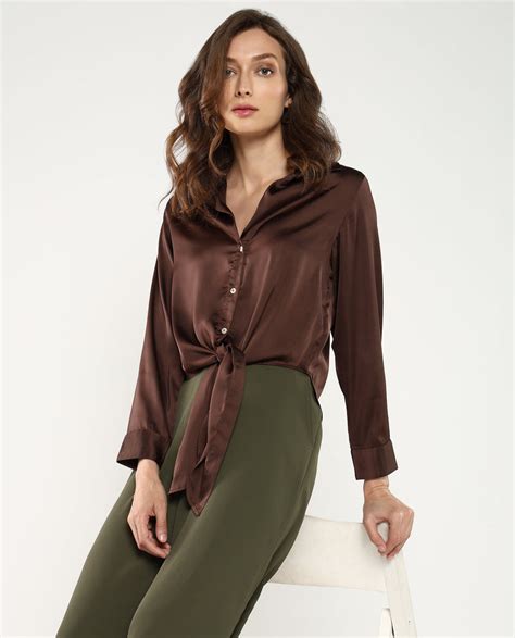 Rareism Women Teen Brown Cuffed Sleeve Collared Collar Button Plain To
