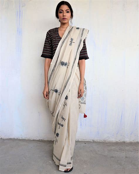 Buy Dragonfly Block Printed Cotton Mul Saree