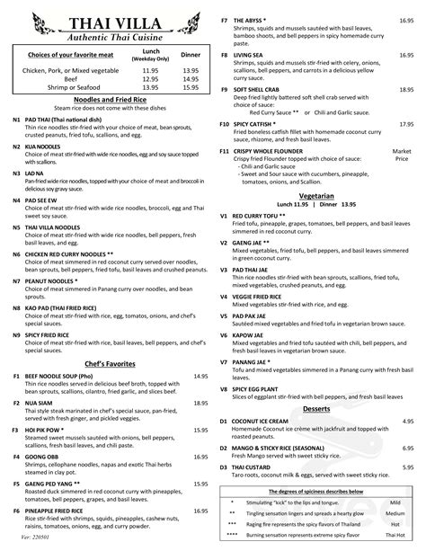 Thai Villa Restaurant menu in Raleigh, North Carolina, USA