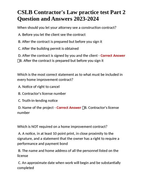 CSLB Contractor's Law practice test Part 2 Question and Answers 2023 ...