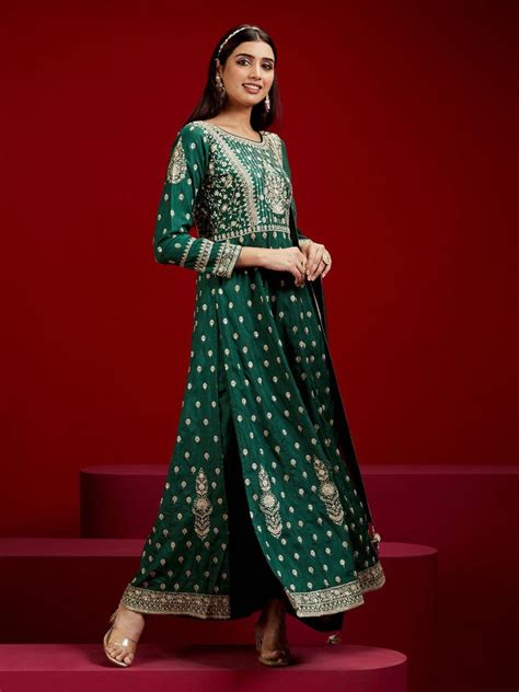 Buy Libas Art Bottle Green Embroidered Silk A-Line Kurta With Trousers ...