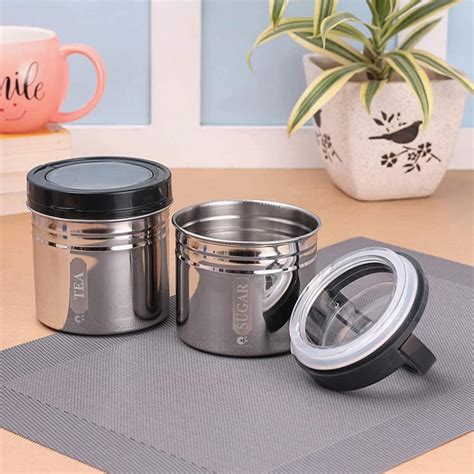 Buy CROWN CRAFT Sterling Stainless Steel Canister With Lid - Set of 2 ...