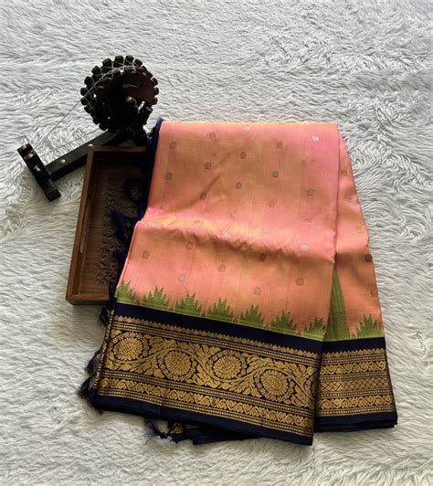 Gadwal Silk Saree Peach Color With a Ink Blue Color Zari Border ...