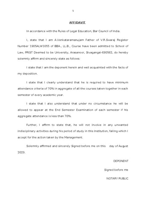 Student Affidavit - 1 AFFIDAVIT In accordance with the Rules of Legal ...