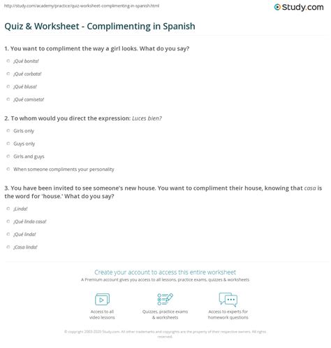 Quiz & Worksheet - Complimenting in Spanish | Study.com
