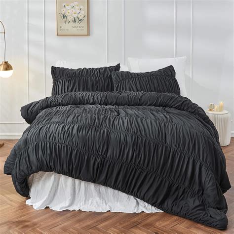 Queen Comforter Set Black Bedding - Ruched Comforter Queen Size Bed Set ...