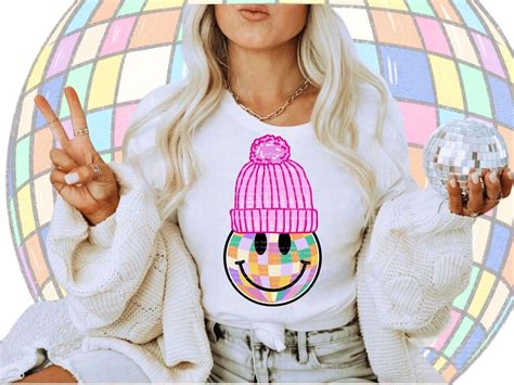 Preppy Pink Beanie PNG Smiling Face Disco Ball Digital Download Design ...
