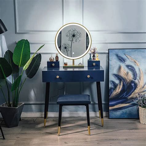 Zalex Modern Blue Vanity Desk with Round LED Mirror Drawers & Cushioned ...