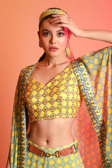Yellow- Sky Blue Crystal Printed V Neck Embroidered Blouse With Butta