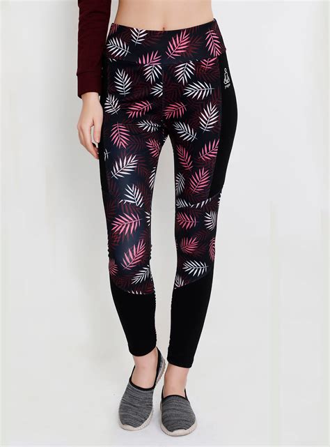 Cherry Leaves Black Panel Tights - Yogue Activewear