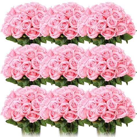 Jexine 100 Pieces Artificial Roses Flowers bulk, Long Stem Realistic ...