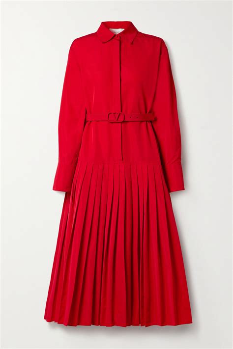 Valentino - Belted Pleated Cotton-blend Faille Midi Shirt Dress - Red ...
