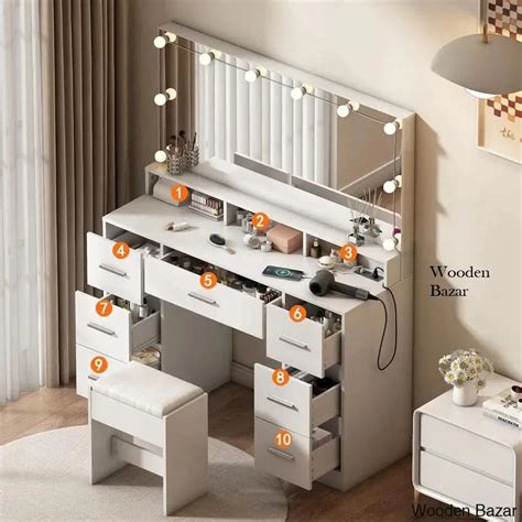 46.5" White Vanity dressing table with Power Outlet & 7 Drawer, Bedroo ...