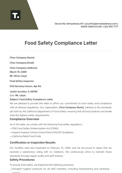 Free Food Safety Compliance Letter Template to Edit Online