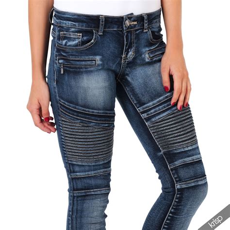 Womens Stretch Denim Skinny Slim Fit Biker Knee Leg Jeans Zipper Pants ...