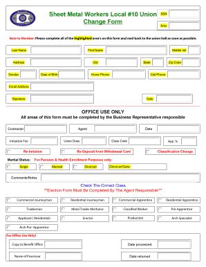 Fillable Online Sheet Metal Workers Local 10 Union Change Form Fax ...