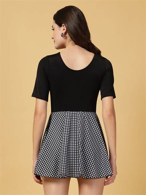CUKOO Black checkered Half Sleeve Skirted swimwear – cukoo.in