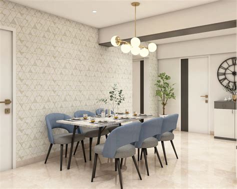 6-Seater Dining Room Design With Geometric Patterned Wallpaper | Livspace