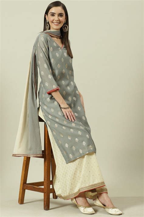Cream & Grey Printed Straight Kurta Sharara Suit Set