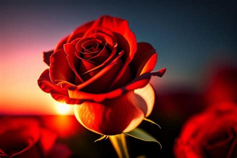 Uma rosa vermelha está no meio de um campo de rosas. | imagem gerada com IA