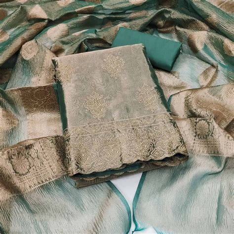 Rama Green Floral Embroidered Shimmer Organza Dress Material