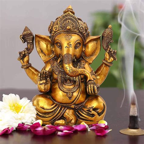Buy Online Golden Lord Taj Ganesha Brass Puja Statue– CraftVatika