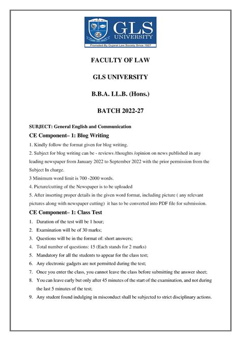 Continuous Evaluation Subjects SEM - 1 Final BBA LLB Hons. - FACULTY OF ...