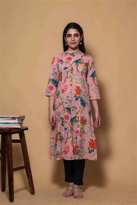 Wine floral printed embroidered cotton kurta – Gatim Fashions
