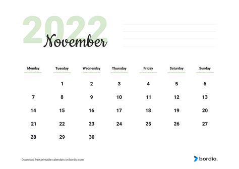 November 2022 Printable Calendar: Blank Calendar Templates- Bordio