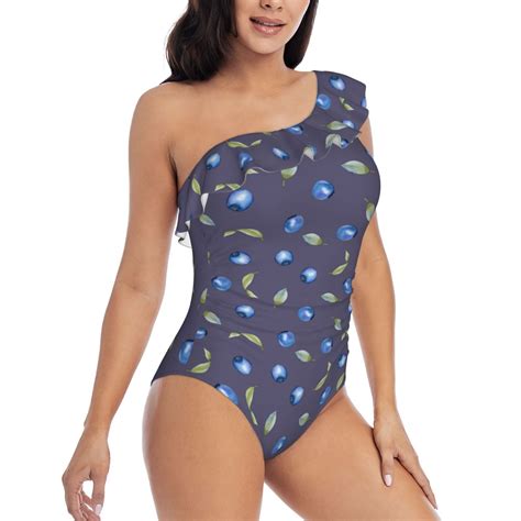 One Piece Swim Suits for Women 2024 - Blueberry Print Ruffle Bathing ...