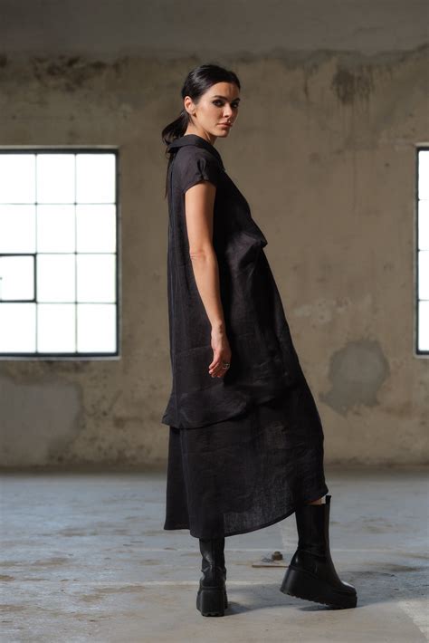 Asymmetrical Black Linen Dress