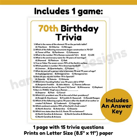 70th Birthday Trivia Game | 70th Birthday Game Printable | 70th ...