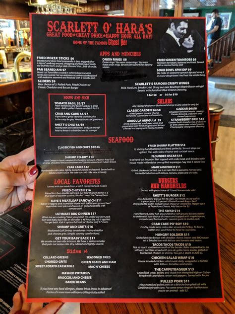Menu at Scarlett O'Hara's pub & bar, St. Augustine