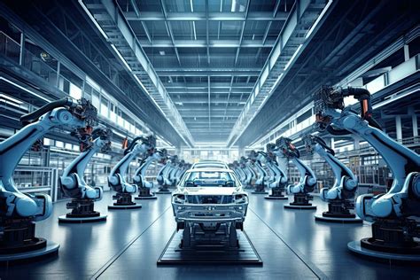 Robotic arms work on a car in a factory, an example of industrial AI