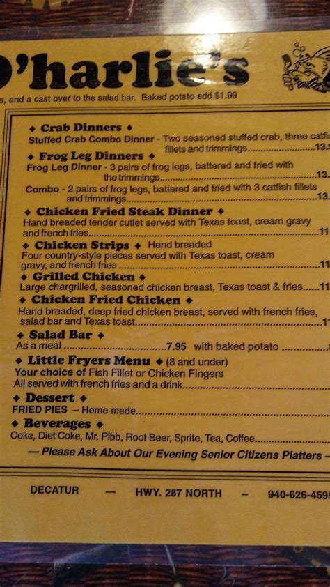 Menu at Catfish O'Harlies restaurant, Decatur