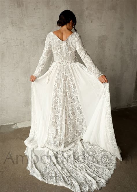 Bohemian Wedding Dress Long Sleeve, Long Sleeve Lace Wedding Dress, All Over Lace Wedding Gown ...