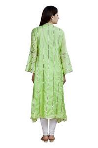 Buy Green Cotton Silk Printed Stripe Band Collar Sali Kaftan Tunic For ...