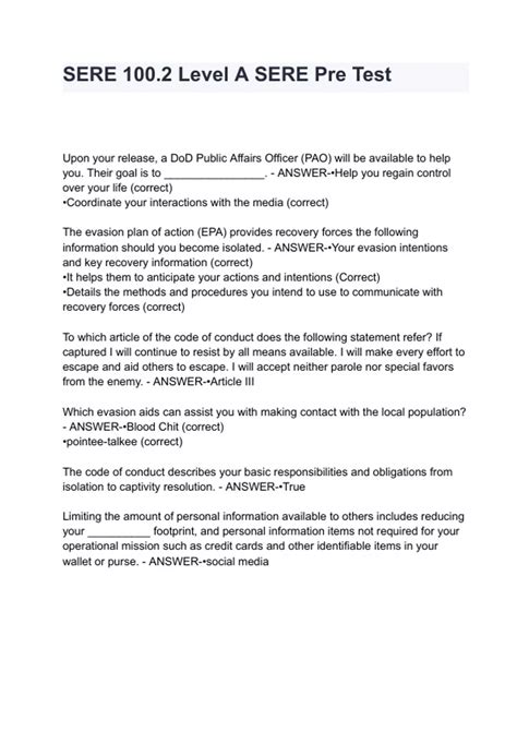 SERE 100.2 Level A SERE Pre Test questions and answers - SERE 100.2 ...